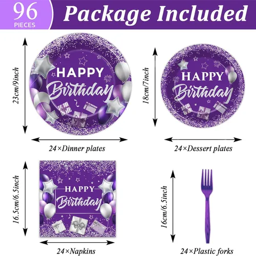 Miniatura 2 de 96 piezas de suministros para fiesta de cumpleaños morado, platos de papel, servilletas, juego de vajilla de feliz cumpleaños morado plateado, cena