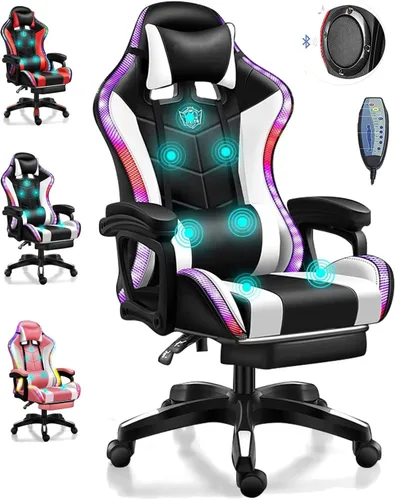 Silla ergonómica para juegos profesional con soporte lumbar de masaje completo, altavoces Bluetooth, respaldo ajustable, color blanco