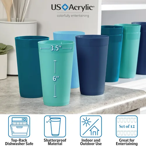 Miniatura 3 de US Acrylic Newport Vasos de Agua Apilables de Plástico Irrompible de 20 Onzas en 4 Colores Costeros Juego de 12 Vasos para Beber Reutilizables