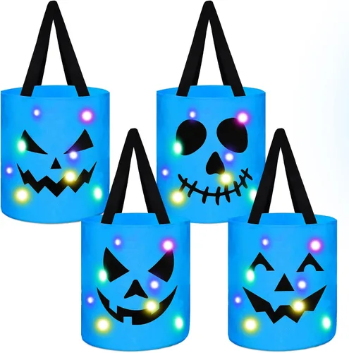 Yaomiao 4 cubos de Halloween para trucos o golosinas para niños, bolsas de dulces de calabaza con luces LED, cestas de regalo reutilizables para Azul
