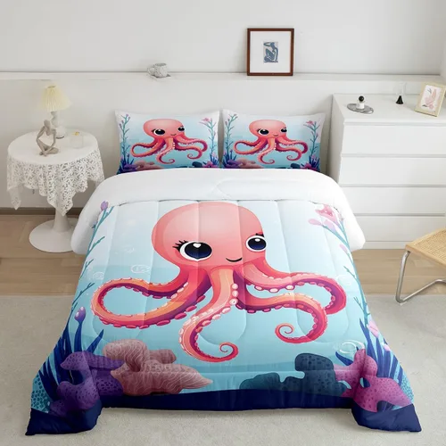 Miniatura 20 de Erosebridal Juego de edredón de ballena náutica, tamaño individual, juego de ropa de cama vintage azul con ondas oceánicas para niños y niñas