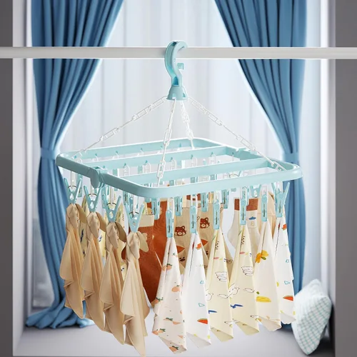Miniatura 5 de Tendedero de Ropa con 32 Pinzas, Tendedero Colgante Plegable, Gancho Giratório de 360° para Secar Calcetines, Ropa de Bebé, Toallas, Guantes