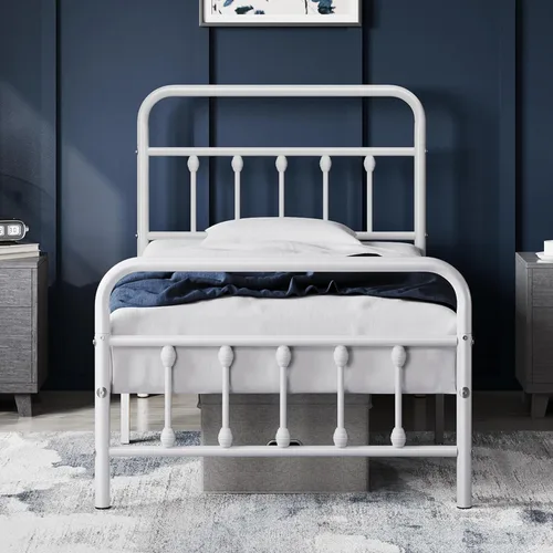 Miniatura 18 de Yaheetech Base de cama clásica de metal con base de colchón con estilo victoriano, cabecera, estribo, almacenamiento debajo de la cama, no necesita