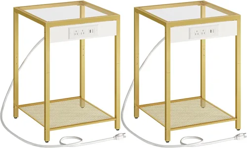 Miniatura 10 de HOOBRO Mesa auxiliar con estación de carga, mesa auxiliar con puerto USB, mesita de noche para espacios reducidos, vidrio templado, marco de metal