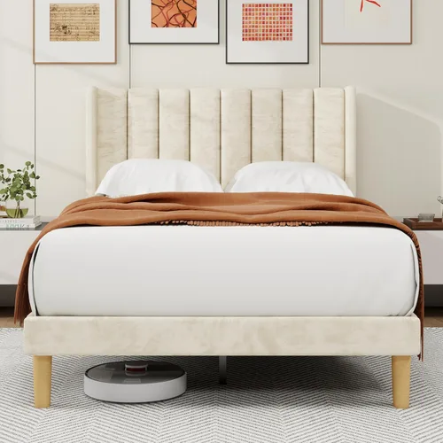 Miniatura 14 de alazyhome - Marco de cama tapizado de plataforma tamaño Queen con cabecera, soporte de listones de madera, sin ruido, fácil montaje, terciopelo beige