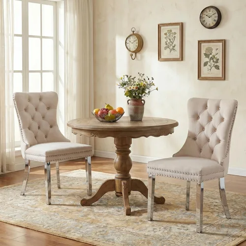 Miniatura 161 de SoarFlash Juego de 2 sillas de comedor de tela de lino, sillas de comedor tapizadas con ribete de cabeza de clavo y patas de madera de color claro