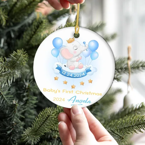 Miniatura 6 de Adornos personalizados para la primera Navidad del bebé 2024 con nombre y texto, adorno de elefante personalizado para bebés recién nacidos