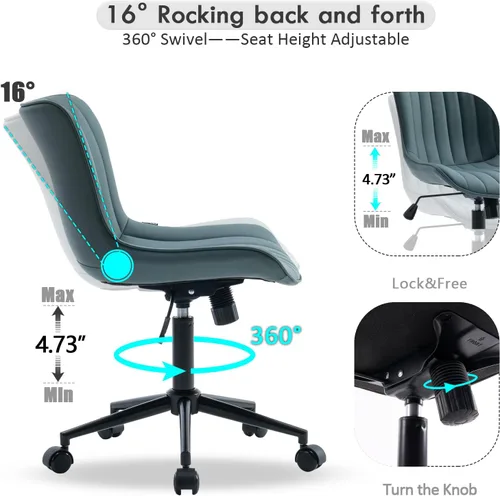 Miniatura 5 de YOUNIKE Silla ergonómica de oficina sin brazos, de piel sintética, pequeña y bonita silla de escritorio con respaldo mecedora de 12°, altura verde