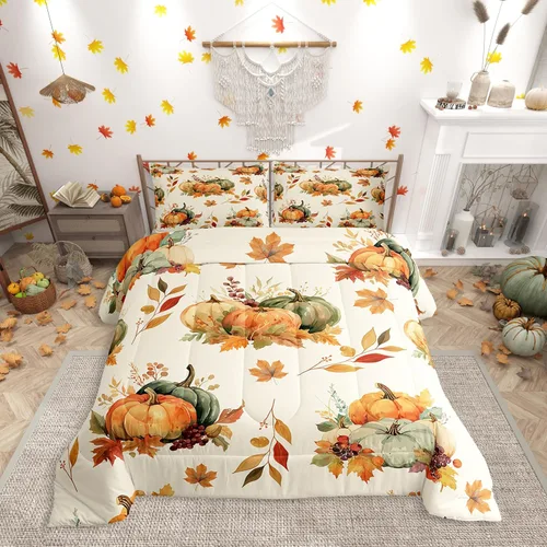 Miniatura 11 de Erosebridal Juego de edredón individual de pavo de Acción de Gracias, juego de ropa de cama de calabaza con hojas de otoño para niños y adultos