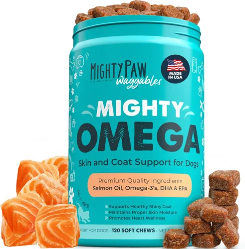 Mighty Paw Waggables Mighty Omega (fabricado en los Estados Unidos, 120 unidades) | Aceite de pescado omega 3 masticable para perros. Suplemento