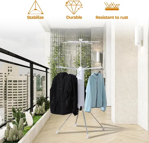 Miniatura 3 de Dollate Escurridor de ropa plegable de 4 patas, 2 niveles, portátil y plegable, ahorro de espacio, con 4 poleas, estante seco de aluminio para ropa