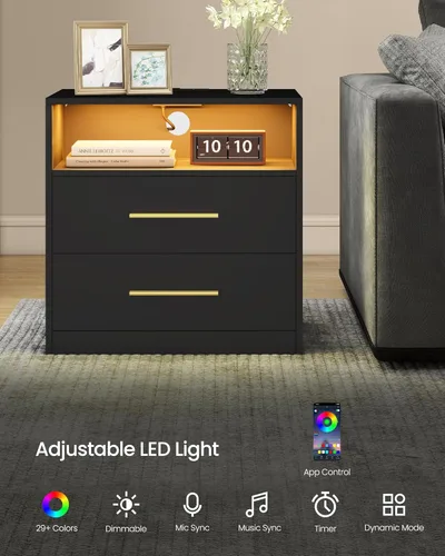 Miniatura 5 de VASAGLE Custos Collection - Mesita de noche de 23.6 pulgadas de ancho con estación de carga, luces LED, moderna mesita de noche, mesa auxiliar Negro