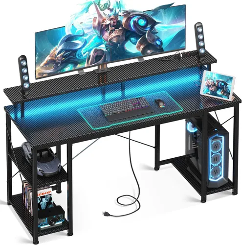 Miniatura 12 de ODK Escritorio gamer de 48 pulgadas con luces LED y enchufes, escritorio para computadora con soporte para monitor y estantes de almacenamiento