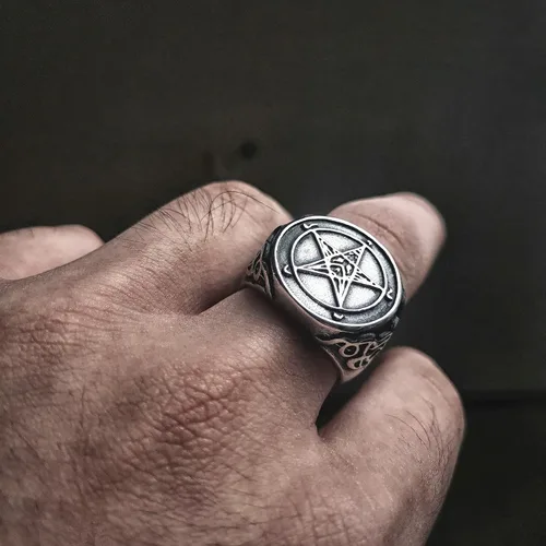 Miniatura 5 de Anillo de sello vintage para hombre, anillo de pentagrama, anillo de acero inoxidable de Baphomet, anillo gótico satánico, anillo punk