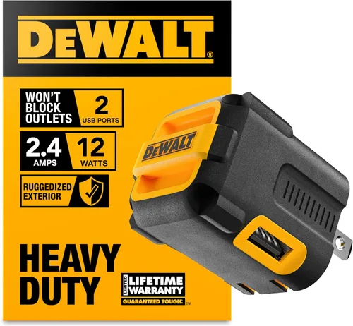 DEWALT Cargador USB NeverBlock de Servicio Pesado, Adaptador de Cargador de Pared de Puerto Dual Angulado de 12W, Enchufe Plegable, Ladrillo de Caja