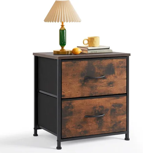 Mesita de noche, cómoda pequeña de 2 cajones mesa auxiliar muebles de cabecera, contenedores de tela con superficie de madera para dormitorio, Marrón