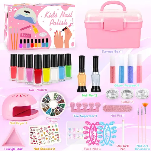 Miniatura 7 de Juego de Esmalte de Uñas para Niñas, Kit de Arte de Uñas con Secador de Uñas y Estuche de Almacenamiento, Esmalte de Uñas No Tóxico de Secado Rápido