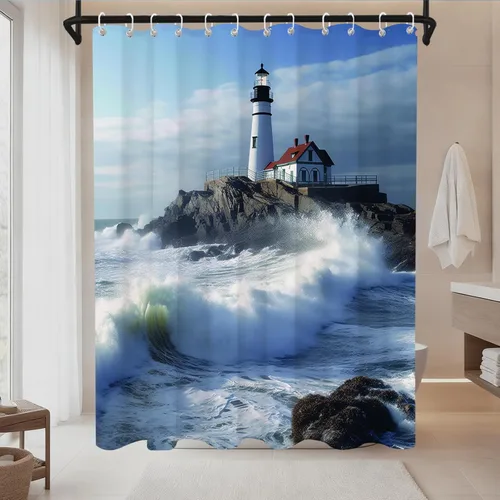 Miniatura 8 de Cortina de ducha con diseño de océano azul, faro, náutico, costero, escénico, naturaleza, rock, blanco, juego de decoración de baño, lavable a