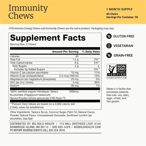 Miniatura 7 de BIG BOLD HEALTH HTB Immunity Chews - Suplemento orgánico de trigo sarraceno tartario del Himalaya para apoyar la energía natural y la función