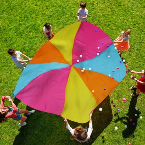 Miniatura 4 de Paracaídas arcoíris de 6 pies, juguete de paracaídas para niños, paracaídas con asas, equipo de juego para interiores y exteriores