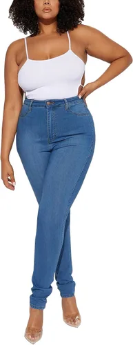 Miniatura 27 de KUNMI - Pantalones de mezclilla clásicos de cintura alta para mujer, elásticos, con efecto de levantamiento de glúteos, ajustados