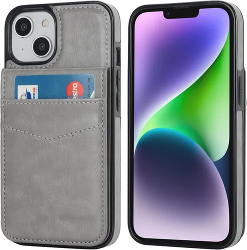 Miniatura 3 de KIHUWEY Funda compatible con iPhone 14 con soporte para tarjeta de crédito, cierre magnético de cuero de alta calidad, función atril, funda Gris
