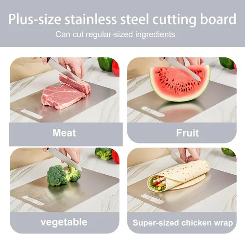 Miniatura 3 de Tabla de cortar de acero inoxidable, tablas de cortar de acero de doble cara para cocina, carne, verduras y frutas, apta para lavavajillas, fácil