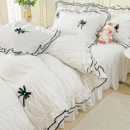 Miniatura 8 de IHOUSTRIY Juego de funda de edredón blanca tamaño Queen, juego de ropa de cama con volantes con corbatín, juego de funda de edredón de 3 piezas