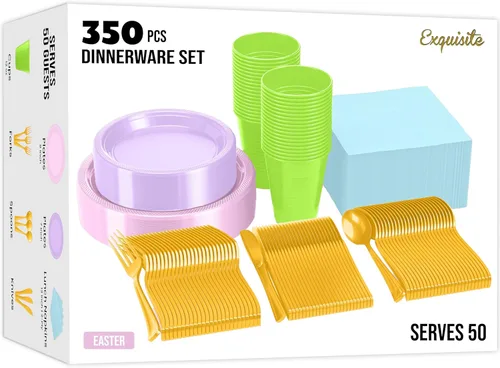 Miniatura 38 de Party Solids 350 Piezas Platos de Plástico Blanco Para Fiestas, Juego de Platos Desechables Blancos, 50 de Cada Juego de Platos para Cena de 9