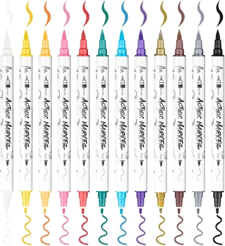 Miniatura 7 de TRANSON Juego de rotuladores de pintura acrílica de doble punta fina y brocha de 12 colores para lienzo, roca, madera, cuero, cerámica, pintura DIY