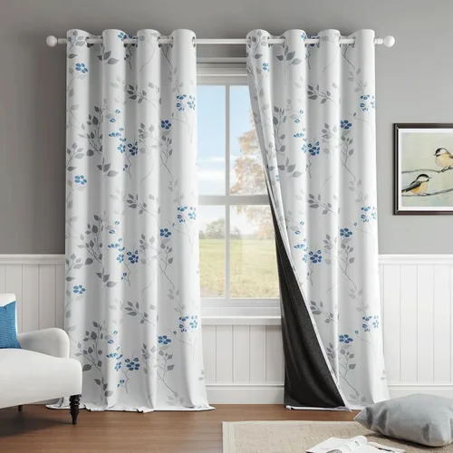 Miniatura 25 de Beauoop Cortinas Florales 100% Opacas de 54 Pulgadas de Largo, 2 Paneles para Dormitorio, Sala de Estar, Azul Gris y Blanco con Patrón de Flores