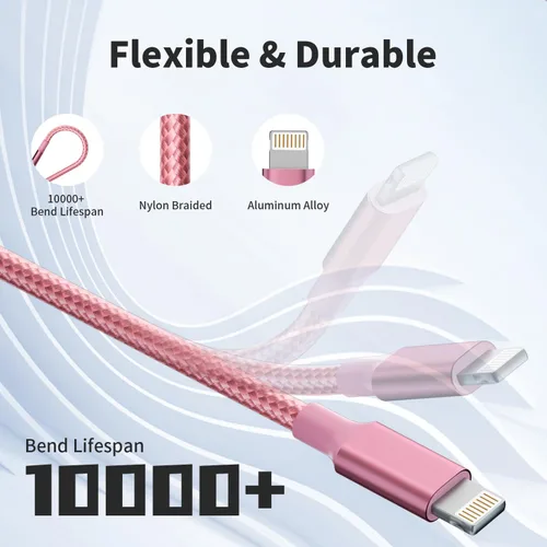 Miniatura 4 de Cable de carga múltiple, (paquete de 2 cables de 4 pies), cable de carga 3 en 1 para múltiples dispositivos, cable de carga universal de nailon Rosa