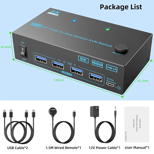 Miniatura 9 de Conmutador KVM 2 Monitores 2 Computadoras 8K Displayport 1.4 y HDMI 2.1 Monitor dual USB 3.0 2 IN 2 Out KVM Switch para 2 PC Compartir 2 Pantallas