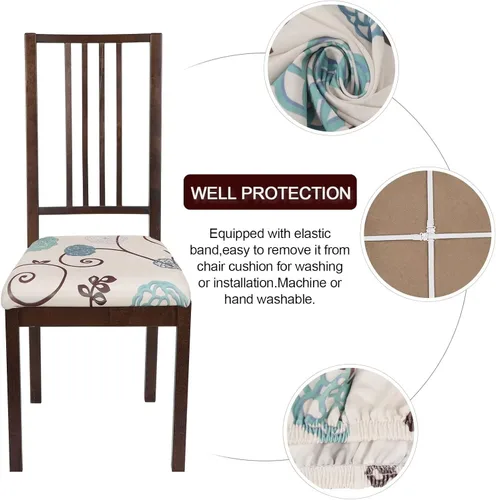 Miniatura 3 de SearchI Fundas de Asiento para Sillas de Comedor Elásticas con Estampado Juego de 6, Fundas de Asiento de Silla Extraíbles Lavables Tapizadas Flor