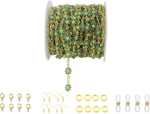 Miniatura 16 de Cadena de eslabones de girasol esmaltada hecha a mano con fornituras de latón chapado en oro para hacer joyas, máscara de vidrio, zapatos, Cc02