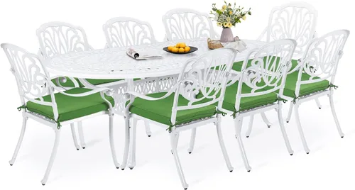 Miniatura 18 de Juego de comedor de patio de 9 piezas, mesa y sillas de patio al aire libre, mesa de comedor ovalada de aluminio fundido de 84 pulgadas con agujero