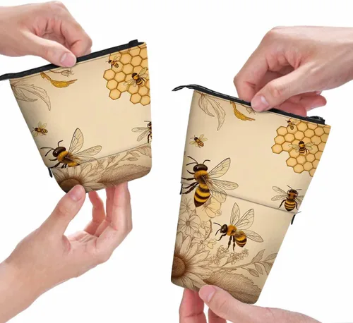 Swono Honey Bees Wildflowers Estuche para lápices Retro Grabado Sombreado Stand Up Estuche Organizador Portalápices Bolsa de Cosméticos para Mujeres