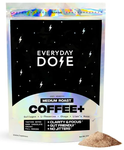 Everyday Dose Bold - Café de hongos de tostado medio, 90 mg de cafeína por porción con colágeno de ganado alimentado con pasto, chaga, Melena de