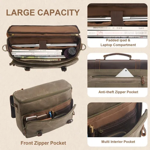 Miniatura 5 de Bolsa de mensajero para hombre, de lona encerada, maletín para laptop de 15.6 pulgadas, estilo vintage, de cuero, impermeable, para la escuela