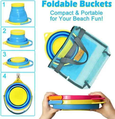 Miniatura 2 de Juguetes de playa plegables para niños y bebés, juego de cubos de arena y palas plegables con bolsas de malla y moldes de arena, juguetes de arena