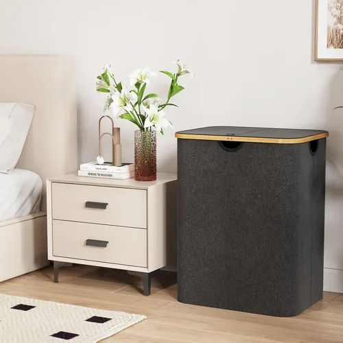 Miniatura 3 de Lifewit Cesta de ropa de 120L con tapa, cestas de ropa para lavandería con asas de bambú y una bolsa de lavandería extraíble, cesta plegable grande