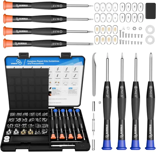 STREBITO Kit de reparación de gafas, kit todo en uno para reparación de gafas con 16 tamaños de tornillos, 12 pares de almohadillas para la nariz y