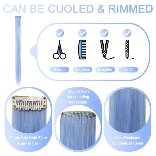Miniatura 8 de 16 extensiones de cabello de colores con clip para fiestas, 21 pulgadas, lacio, sintético, extensiones de cabello azul claro para niñas y mujeres