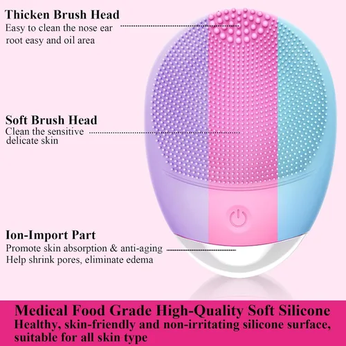 Miniatura 5 de Cepillo de limpieza facial, 3 en 1, limpiador facial eléctrico de silicona suave impermeable, recargable por USB, IPX7, resistente al agua, cepillo