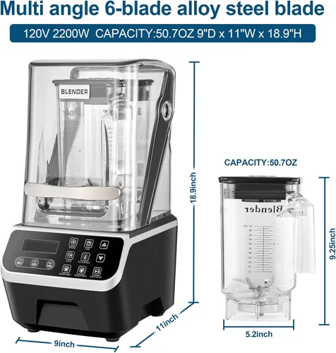 Miniatura 5 de Licuadora Comercial WaterElfo 2200W 2.1QT 68OZ Licuadora Silenciosa Motores Sin Escobillas Licuadoras Comerciales para Batidos, Bebidas Congeladas