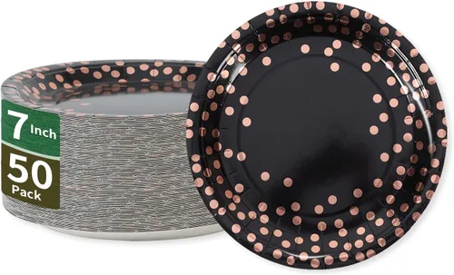 Platos de papel para fiesta de puntos negros y oro rosa, 50 piezas desechables para fiestas, platos de papel de postre para cumpleaños, bodas,