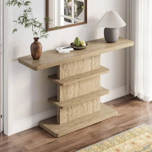 Miniatura 9 de Mesa consola de 57 pulgadas para entrada, moderna mesa de sofá, mesa de sofá rústica con diseño de patas cruzadas, mesa de chapa de acacia