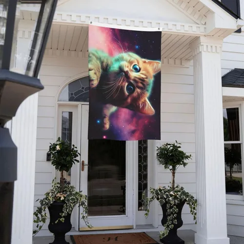Miniatura 7 de Bandera de jardín impresa con diseño de gato y galaxia de 3 x 5 pies, bandera para exteriores, bandera de brisa, banderas a prueba de decoloración