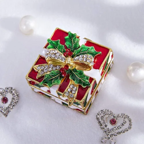 Miniatura 4 de YU FENG Caja de baratija de Navidad con lazo y hojas verdes, decoración de diamantes de imitación esmaltados pintados esmaltados con bisagras