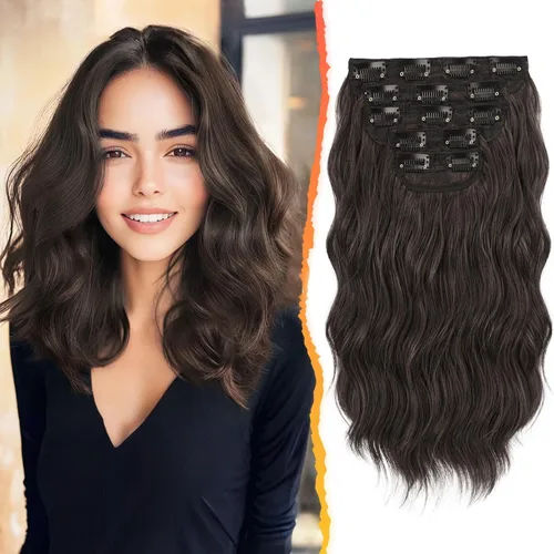 Miniatura 13 de BARSDAR Extensiones de cabello ondulado con clip, color marrón chocolate oscuro, extensiones de cabello con clip de 20 pulgadas para mujer, 5 piezas